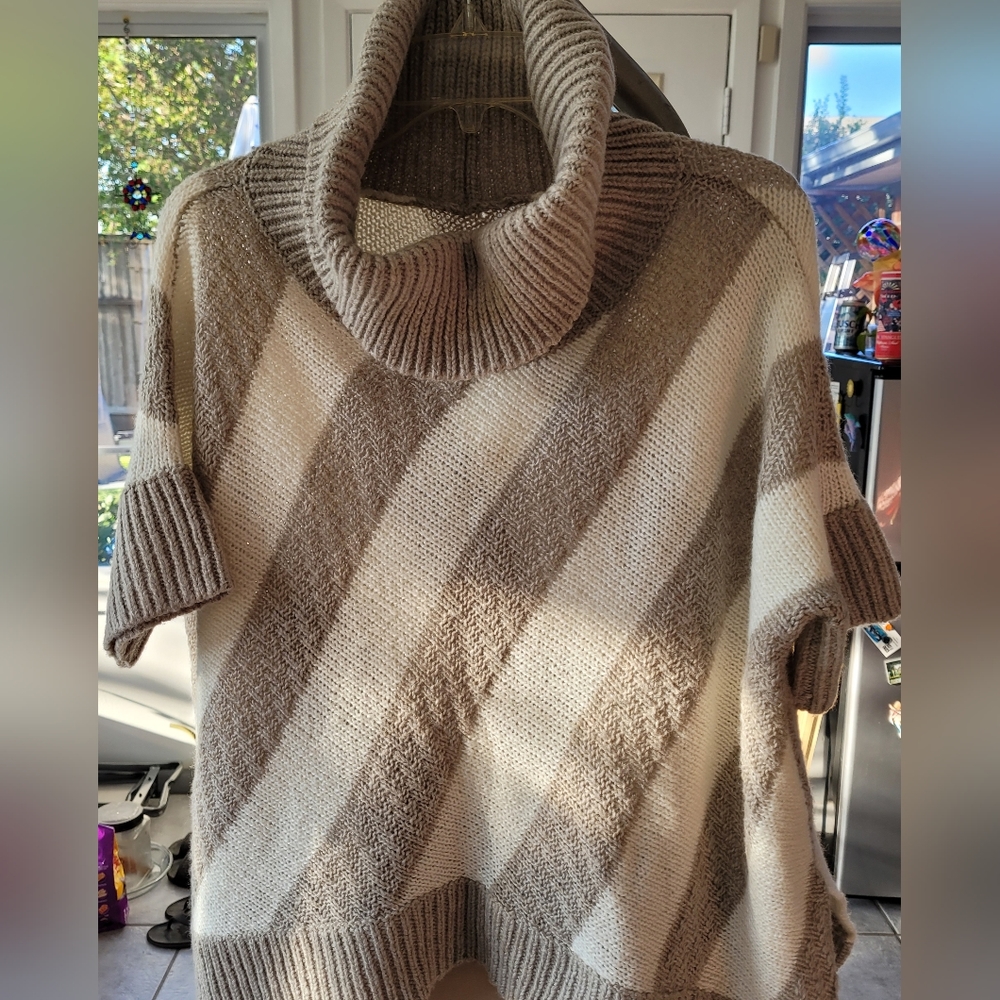 EUC Oversized Beige & Brown striped cowl neck sweater with short dolman sleeve